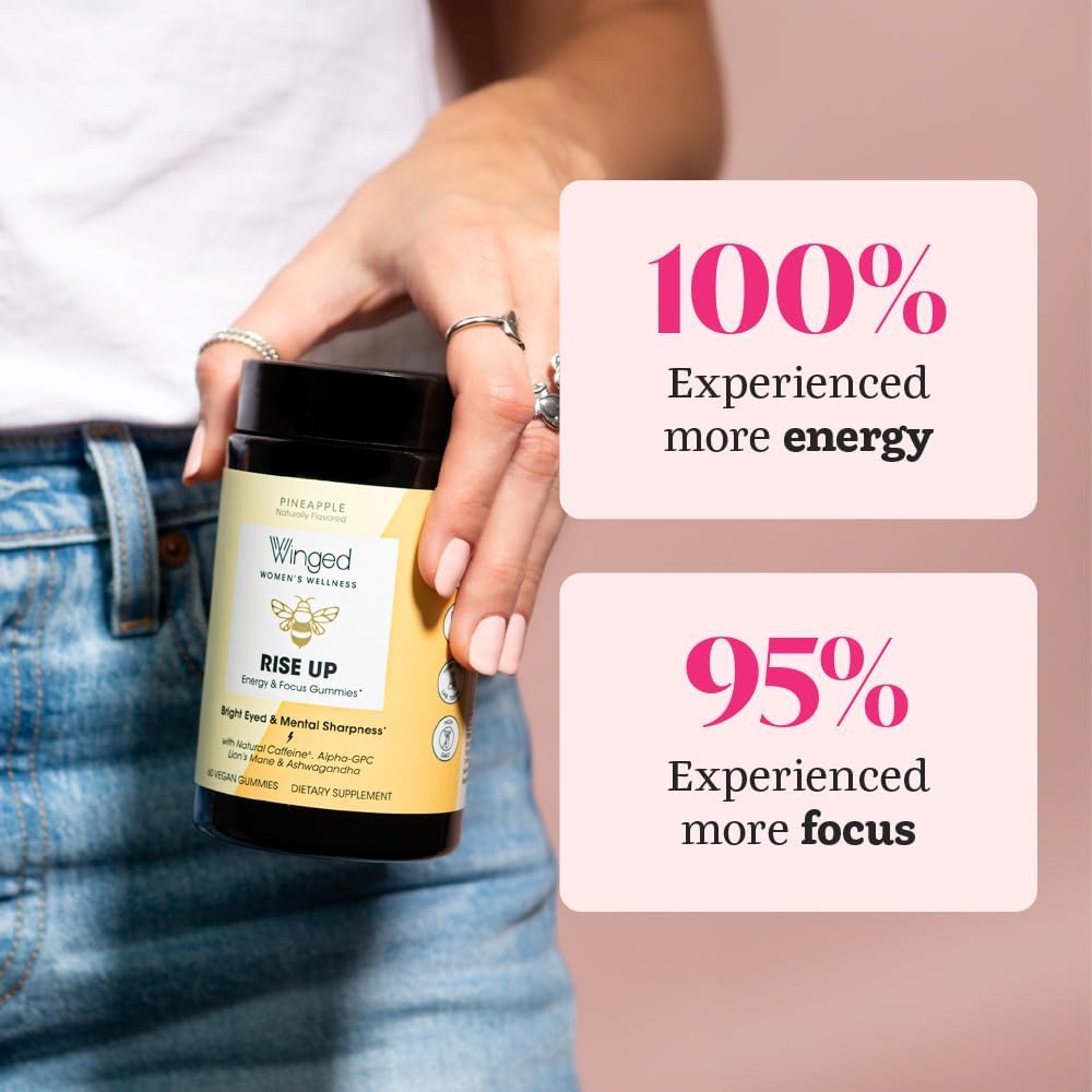 Winged Rise Up Gummies | Energy & Brain Boost Supplement | Natural Caffeine, Ashwagandha & B12 for Energy | Nootropics Alpha-GPC, Lion’s Mane & Huperzine A for Focus | Pineapple Flavor (90 Servings)