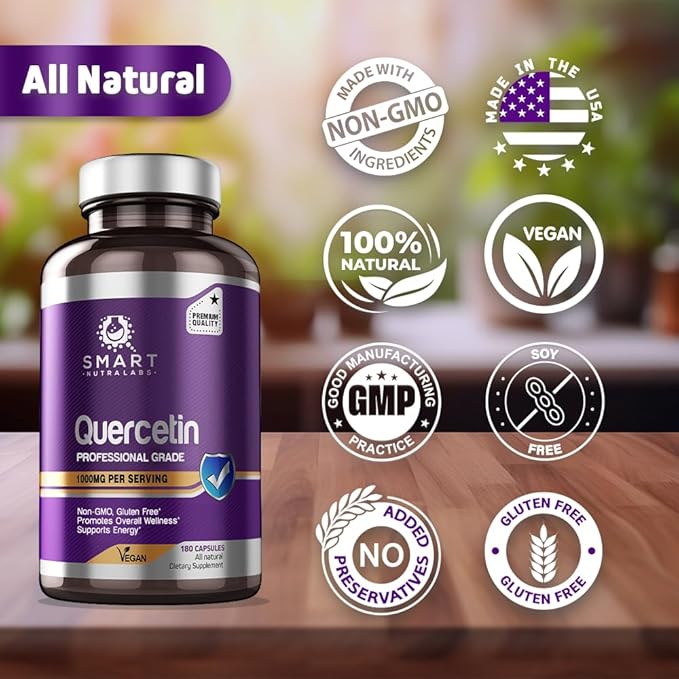 Smart Nutra Labs Quercetin 1000mg- 180 Vegan Capsules, 100% Pure Quercetin Supplement- Non-GMO, Gluten Free, Third Party Tested