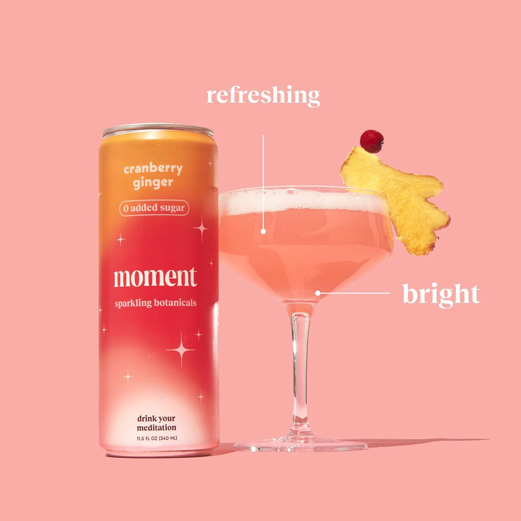 Moment Botanical Soda Soft Drink (Shark Tank) - SPARKLING Non Alcoholic Drinks | Cranberry Ginger | L-Theanine & Ashwagandha for Calm & Clarity | 0 Added Sugar 0 Caffeine | 12-pack