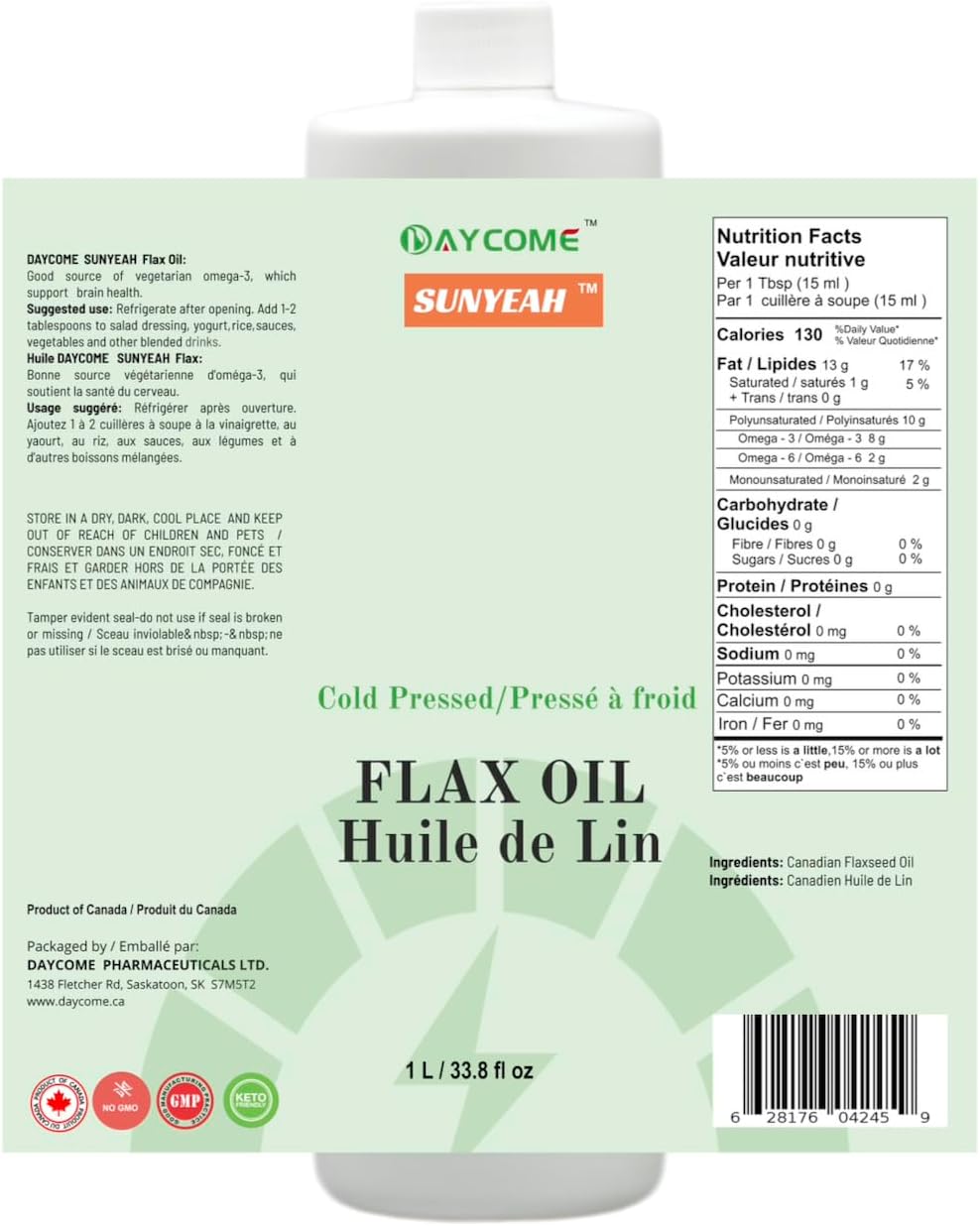 SUNYEAH Canadian Flaxseed Oil - 1 L / 33.8 OZ, 100% Pure, Cold presss, Unrefined, Non-GMO-Saskatchewan Harvest - Essential Fatty Acids for Wellness- 8 g Omega3 per Serving