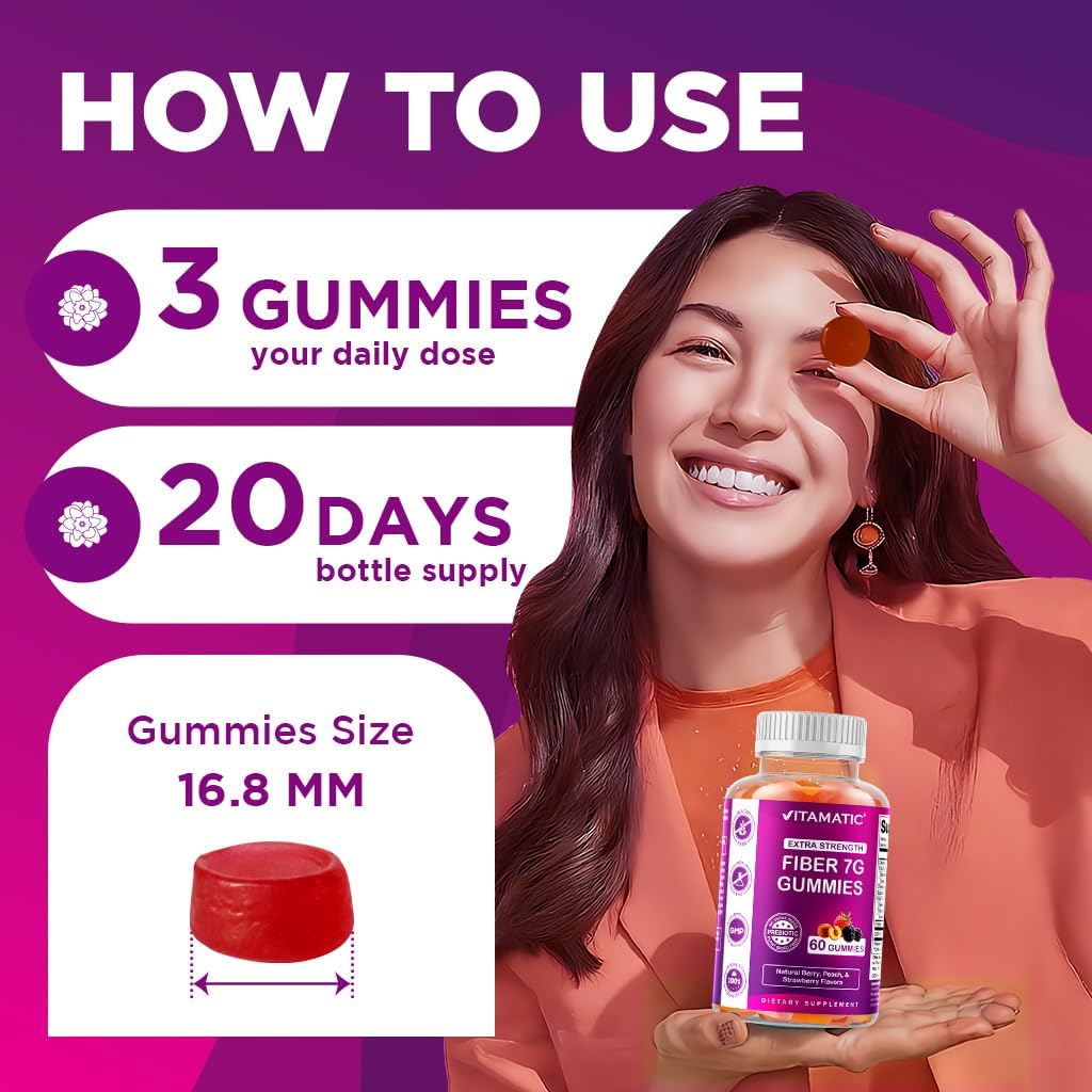 Vitamatic Prebiotic Fiber Gummies for Adults – 2 Pack (Total 120 Gummies) 7g Fiber per Serving | Extra Strength | Zero Sugar Added | Pectin-Based | Digestive Health & Regularity Support