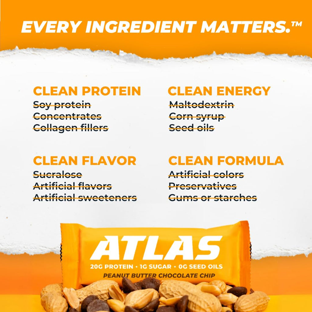 Atlas Bar – 20g Protein, 1g Sugar, 0g Seed Oils, 0g Artificial Sweeteners (Peanut Butter Chocolate Chip, 24 Count)