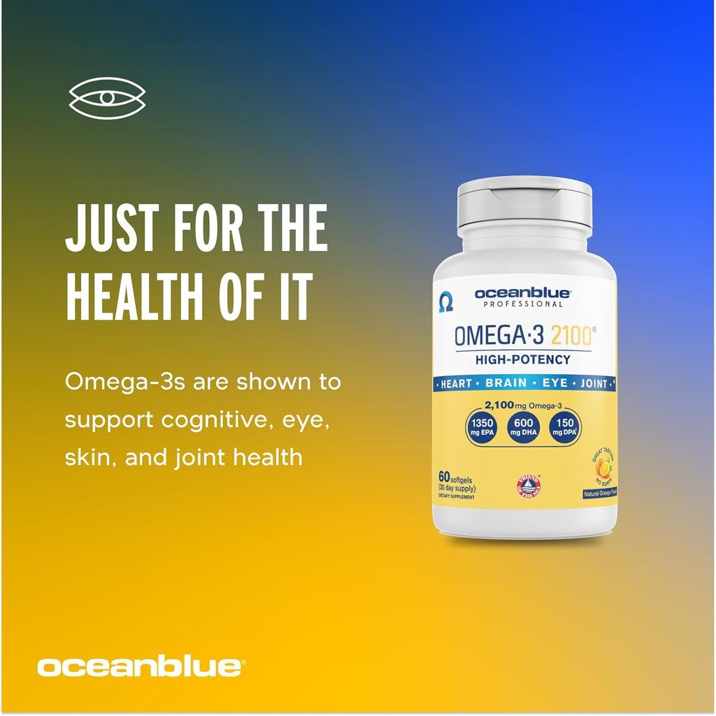 Oceanblue Professional Omega-3 2100 – 120 ct – 2 Pack – Triple Strength Burpless Fish Oil Supplement with High- Potency EPA, DHA, DPA – Wild-Caught – Orange Flavor (120 Servings)