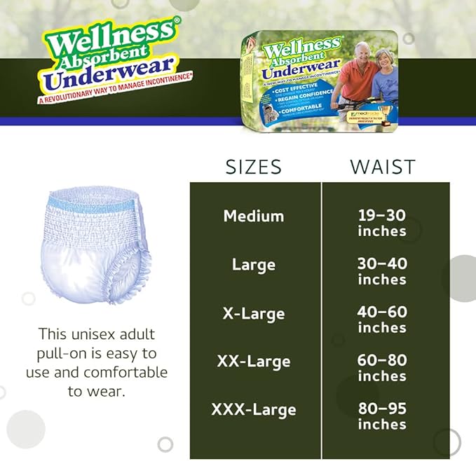 Unique Wellness-Absorbent Underwear (Pull-Ups) Size X-Large (40"–60" Waist) 48 Count, Made in USA