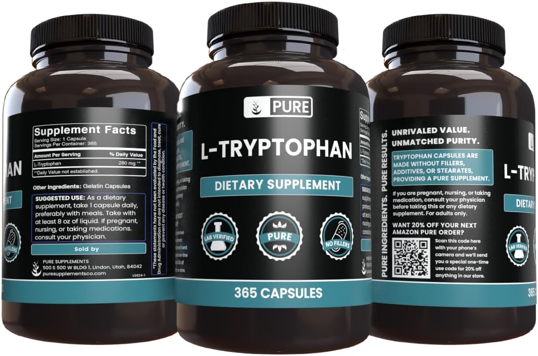Pure Original Ingredients L-Tryptophan (365 Capsules) No Magnesium Or Rice Fillers, Always Pure, Lab Verified