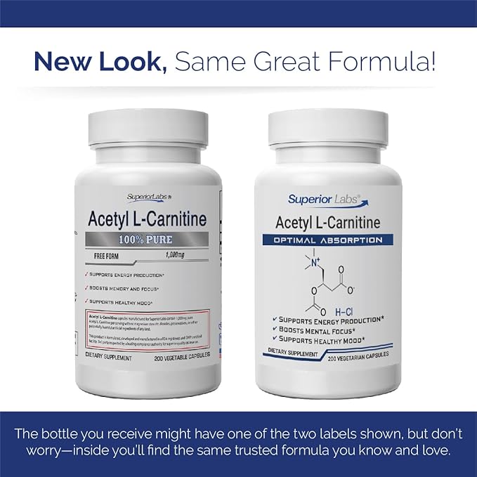 Superior Labs Acetyl L-Carnitine 500 mg, High Potency ALCAR, Pure Non-GMO, Zero Synthetic Additives, Maximum Absorption, Energy & Fat Metabolism, Brain, Nerve & Cellular Detox Support, (200 Veg Caps)