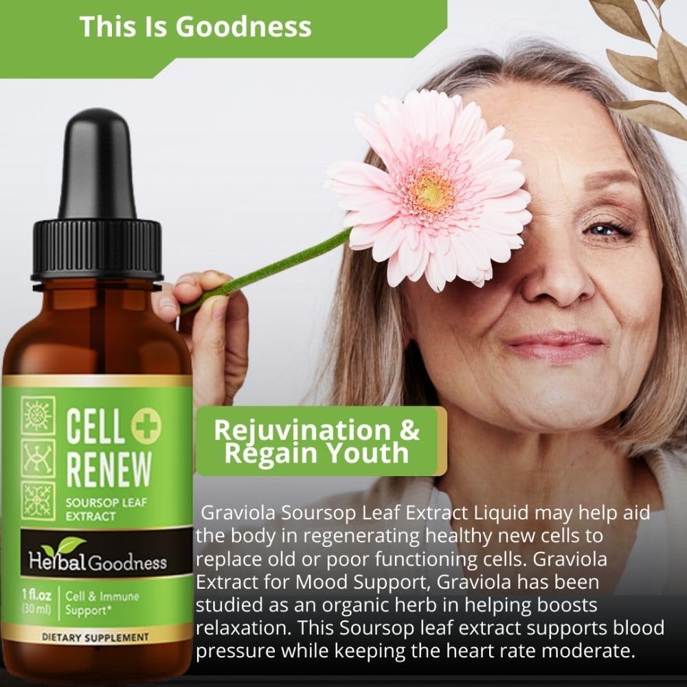 Cell Renew 1oz - Graviola Extract, Soursop Graviola Leaf Extract 15x Strength - Cell Rejuvenation, Cellular Support Immune Boost Fiber Supplement - 100% Organic and Gluten Free - 1 btl