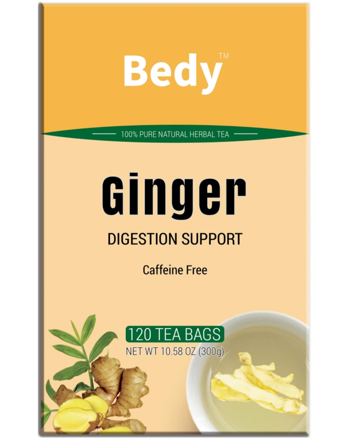 Bedy Ginger Tea Supports Healthy Digestion, Pure Natural Herbal Tea, Spicy & Warm, Caffeine Free, 120 Teabags Individually Wrapped