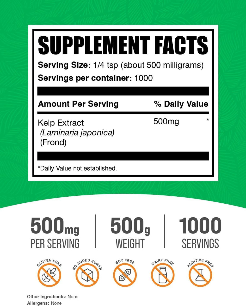 BulkSupplements.com Kelp Extract Powder - Kelp Supplement, Brown Seaweed Extract, Seaweed Powder - Gluten Free, 500mg per Serving, 500g (1.1 lbs) (Pack of 1)