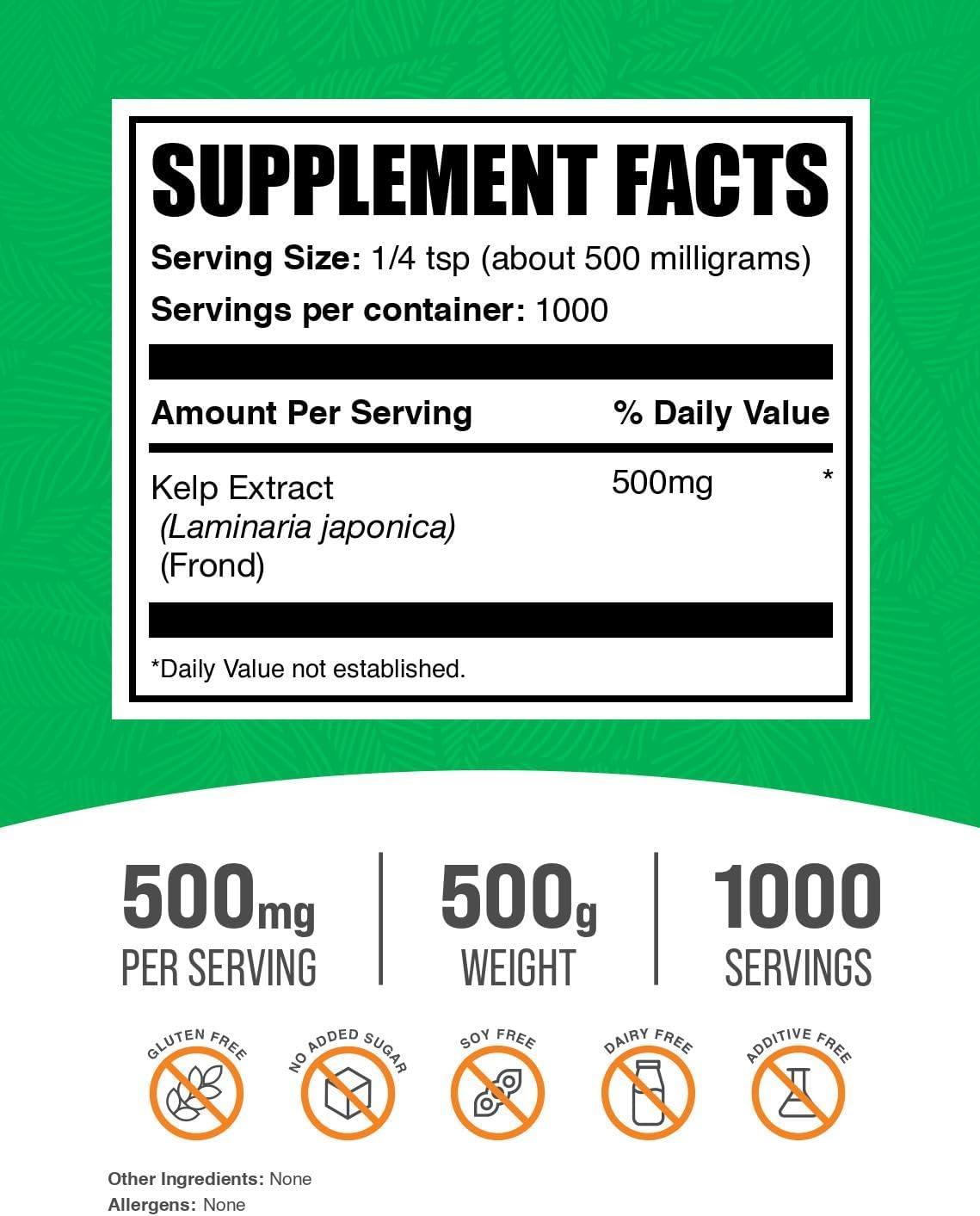 BulkSupplements.com Kelp Extract Powder - Kelp Supplement, Brown Seaweed Extract, Seaweed Powder - Gluten Free, 500mg per Serving, 500g (1.1 lbs) (Pack of 1)