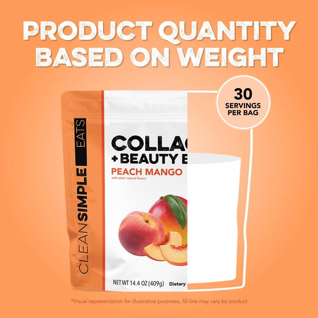 Clean Simple Eats Collagen Powder + Beauty Blend, Peach Mango, 11G Hydrolyzed Collagen Peptides from Grass Fed Bovine & Chicken, Hyaluronic Acid for Hair, Skin, Nail & Joint Support, 30 Servings