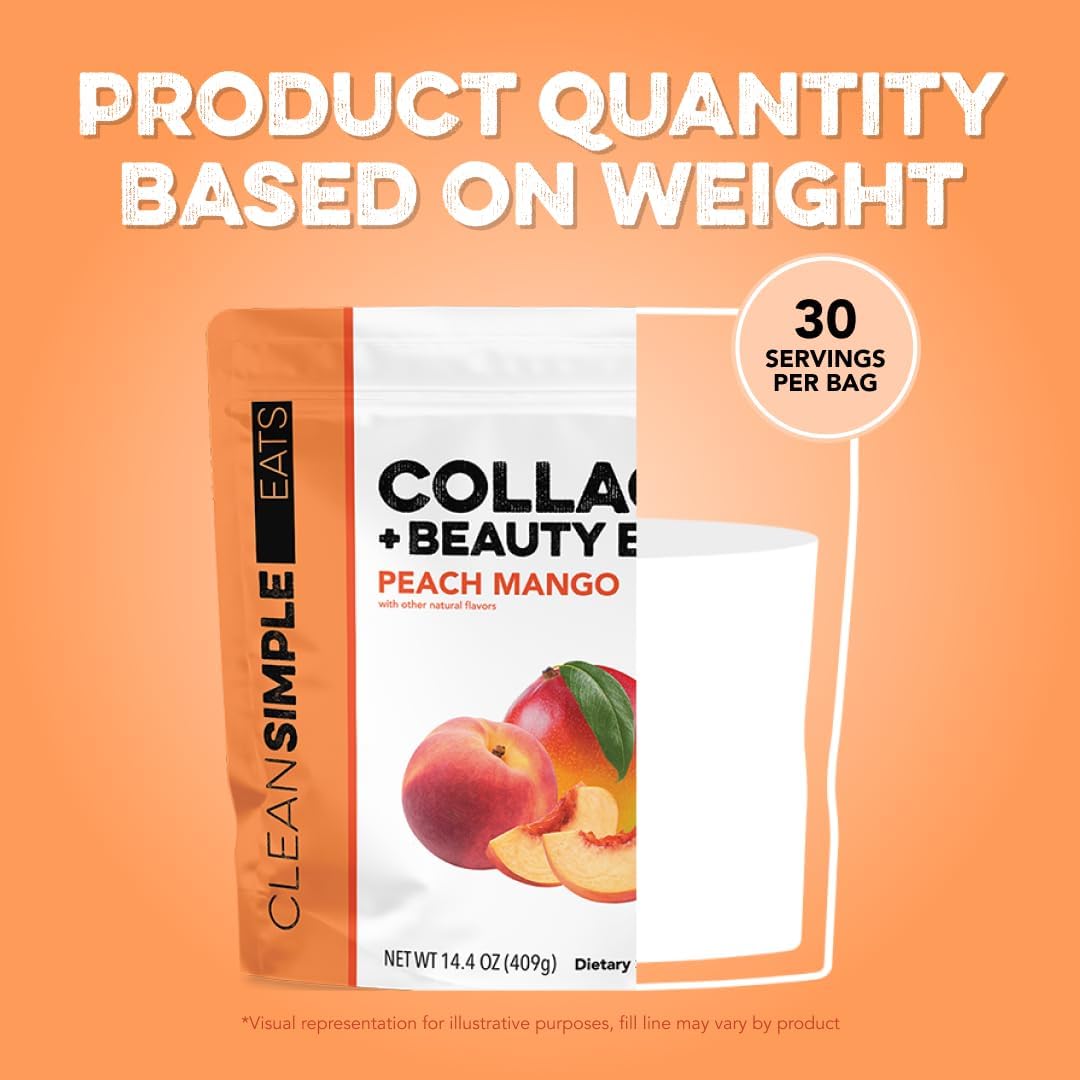 Clean Simple Eats Collagen Powder + Beauty Blend, Peach Mango, 11G Hydrolyzed Collagen Peptides from Grass Fed Bovine & Chicken, Hyaluronic Acid for Hair, Skin, Nail & Joint Support, 30 Servings