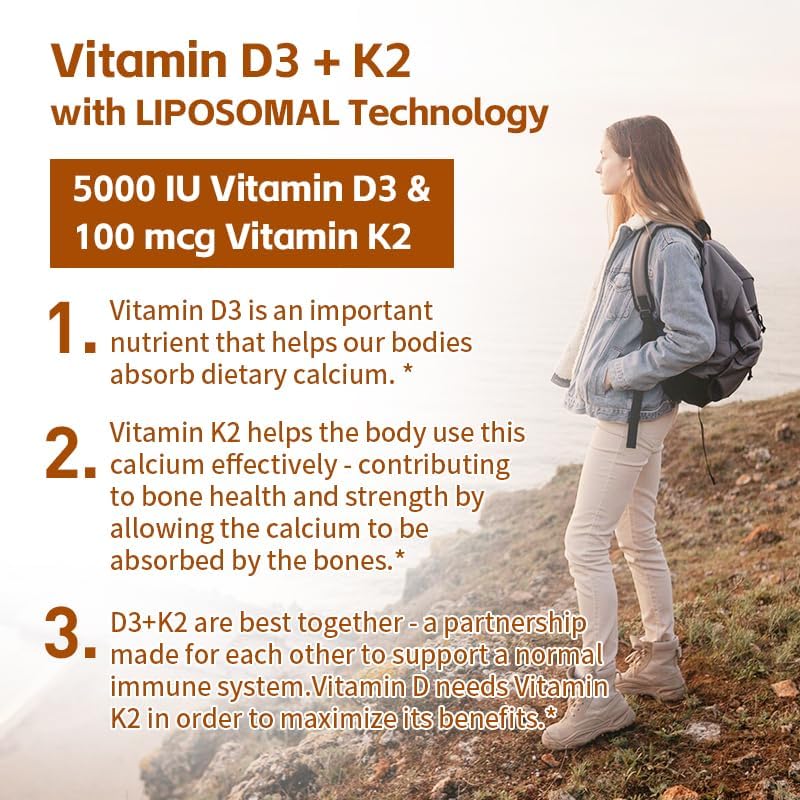 Vitamin D3 + K2 5000 IU - Liposomal Technology for Enhanced Absorption - MK-7 Vitamin K2 100mcg - Supports Bone & Calcium Metabolism - D3K2 Supplement for Men & Women - 180 Softgels