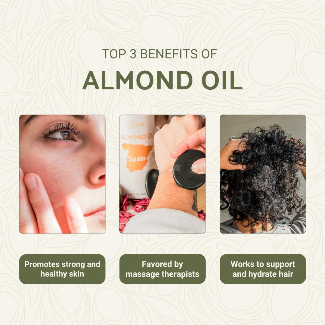 Sweet Almond Oil (16 oz) - for Skin and Hair - Carrier Oil for Essential Oils Mixing - From EIR Oils' Farm in Mallorca, Spain - 1 Pack