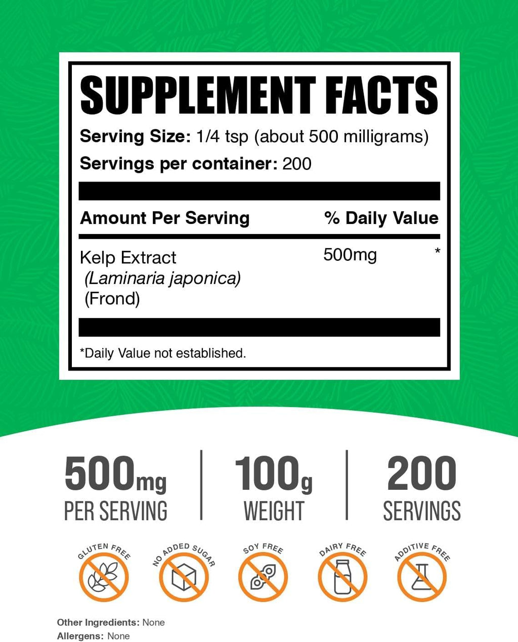 BulkSupplements.com Kelp Extract Powder - Kelp Supplement, Brown Seaweed Extract, Seaweed Powder - Gluten Free, 500mg per Serving, 100g (3.5 oz) (Pack of 1)