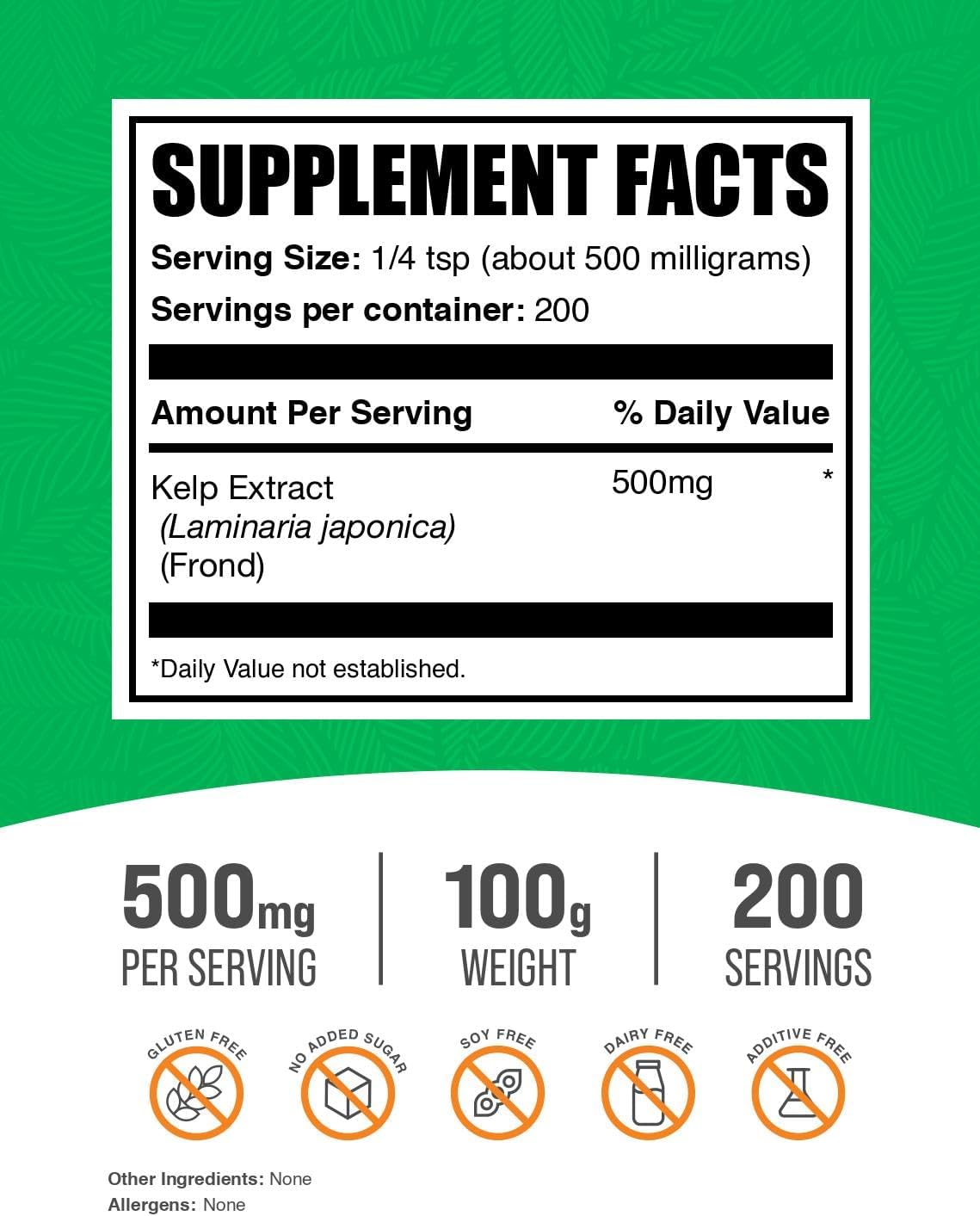 BulkSupplements.com Kelp Extract Powder - Kelp Supplement, Brown Seaweed Extract, Seaweed Powder - Gluten Free, 500mg per Serving, 100g (3.5 oz) (Pack of 1)