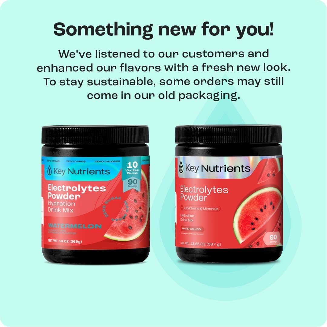 KEY NUTRIENTS Multivitamin Electrolytes Powder No Sugar for Recovery - Refreshing Watermelon Electrolyte Powder - Hydration Powder - No Calories, Gluten Free Electrolytes Powder - 90 Servings