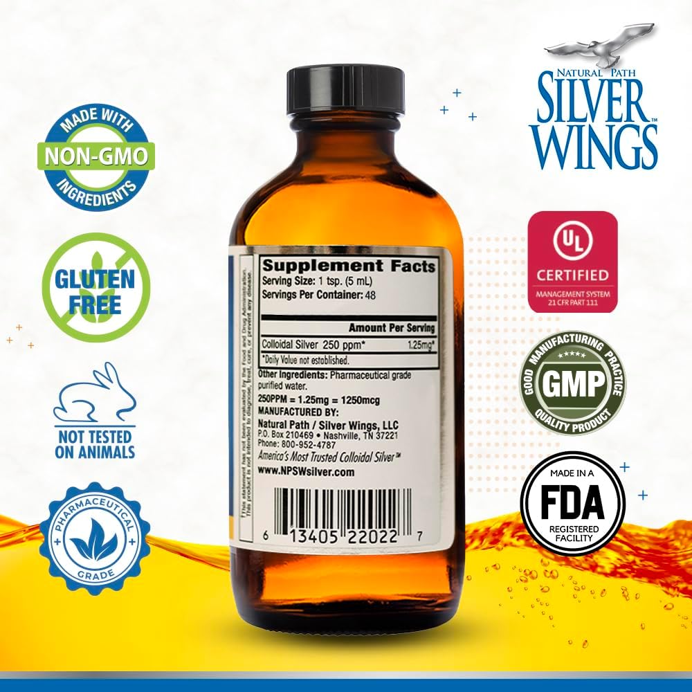 Natural Path Silver Wings Colloidal Silver Liquid - Enhanced Immune Support Supplement - 250ppm (1250mcg) - 8oz