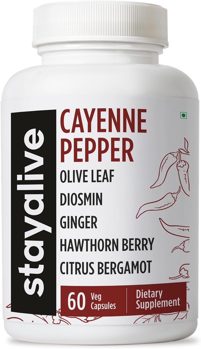 STAY ALIVE Cayenne Pepper Capsules w/Ginger, Garlic, Turmeric, Hawthorn, Diosmin, Citrus, Ceylon Cinnamon and Olive Leaf Extract, 10-in-1 Blend, 60 Pills, Non-GMO & Gluten-Free Supplement