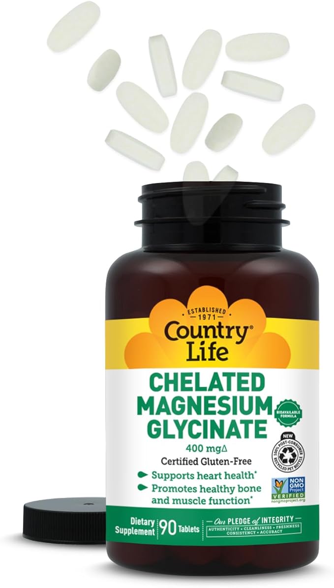 Country Life Chelated Magnesium Glycinate 400mg – High Absorption Magnesium for Calm, Muscle Relaxation, Energy & Bone Support – Certified Gluten-Free, Vegan, Kosher, Non-GMO – 90 Tablets