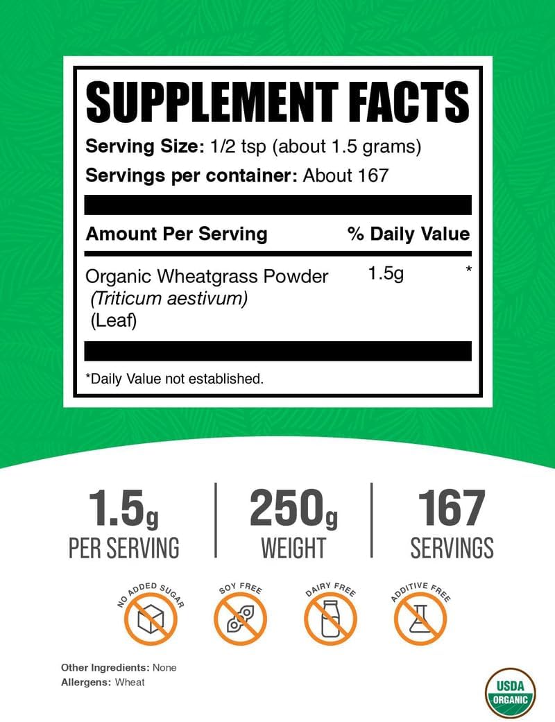 BulkSupplements.com Organic Wheatgrass Powder - Organic Super Greens Powder, Superfoods Supplement - Vegan & Gluten Free, 1.5g per Serving, 250g (8.8 oz) (Pack of 1)