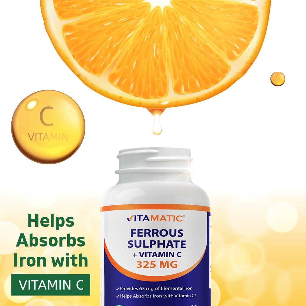 Vitamatic Ferrous Sulfate 325 mg with Vitamin C 100 mg (65 mg Elemental Iron) – High Potency Iron Supplement – No Artificial Colors – 250 Coated Tablets, Made in USA