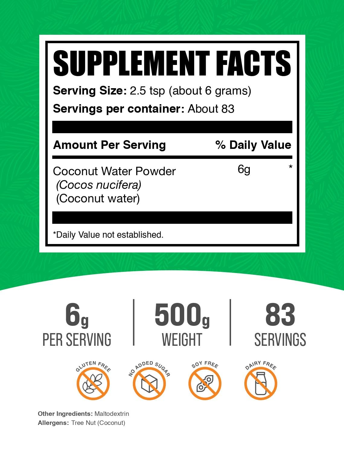 BulkSupplements.com Coconut Water Powder - Electrolyte Supplement, Water Flavoring & Enhancer - No Sugar Added & Gluten Free, 6g per Serving, 500g (1.1 lbs) (Pack of 1)