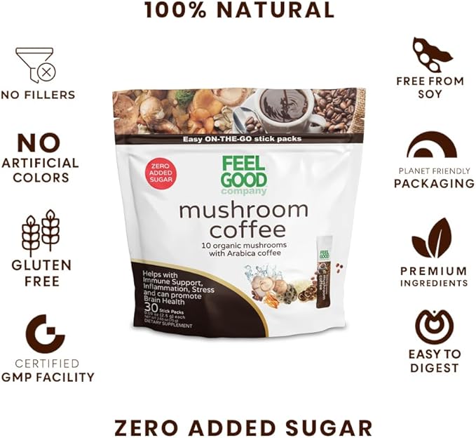 Feelgood Company Mushroom Coffee with 10 Organic Mushrooms and Arabica Coffee, 30 Stick Packs, Zero Added Sugar, Supports Immune Health and Brain Function