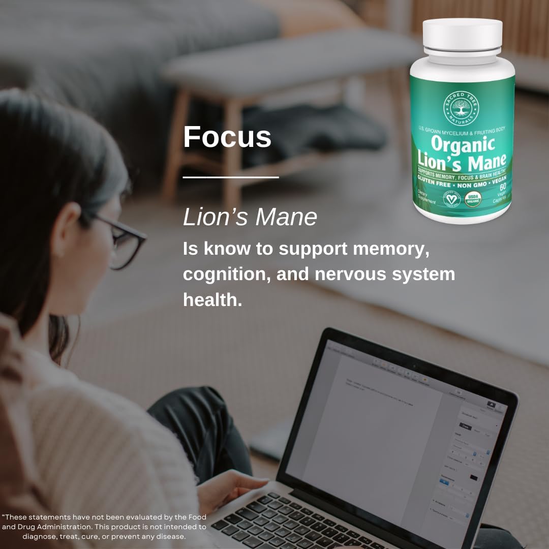 Organic Lion's Mane Mushroom Capsules - 1,000mg High Potency - Brain Boost, Focus & Immune Support - Non-GMO, Vegan, 60 Count
