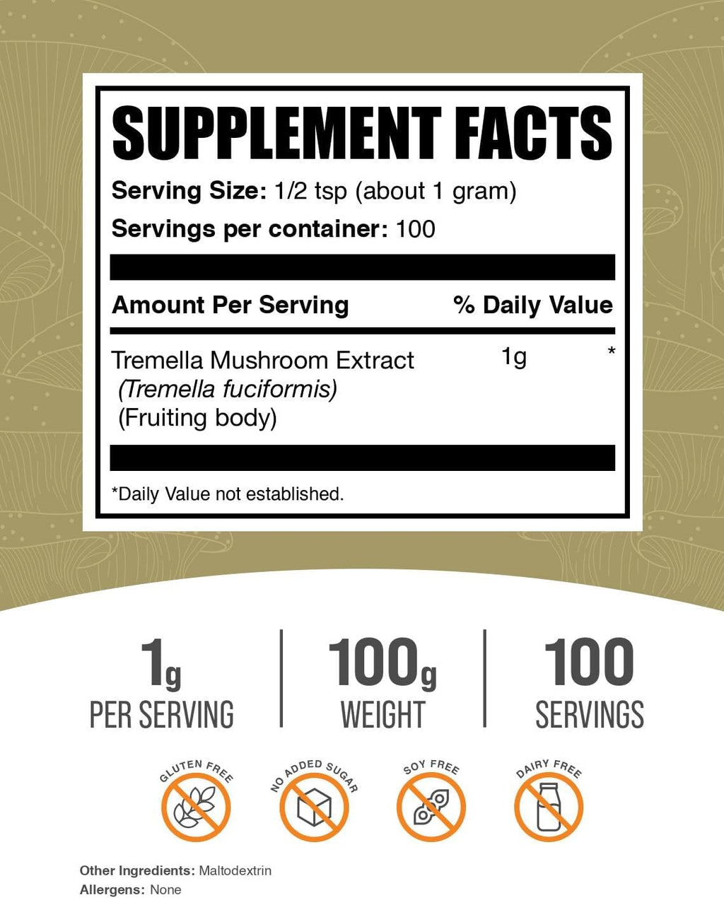 BulkSupplements.com Tremella Mushroom Extract - Tremella Fuciformis Extract, Mushroom Supplement - Vegan & Gluten Free, 1g per Serving, 100g (3.5 oz) (Pack of 1)