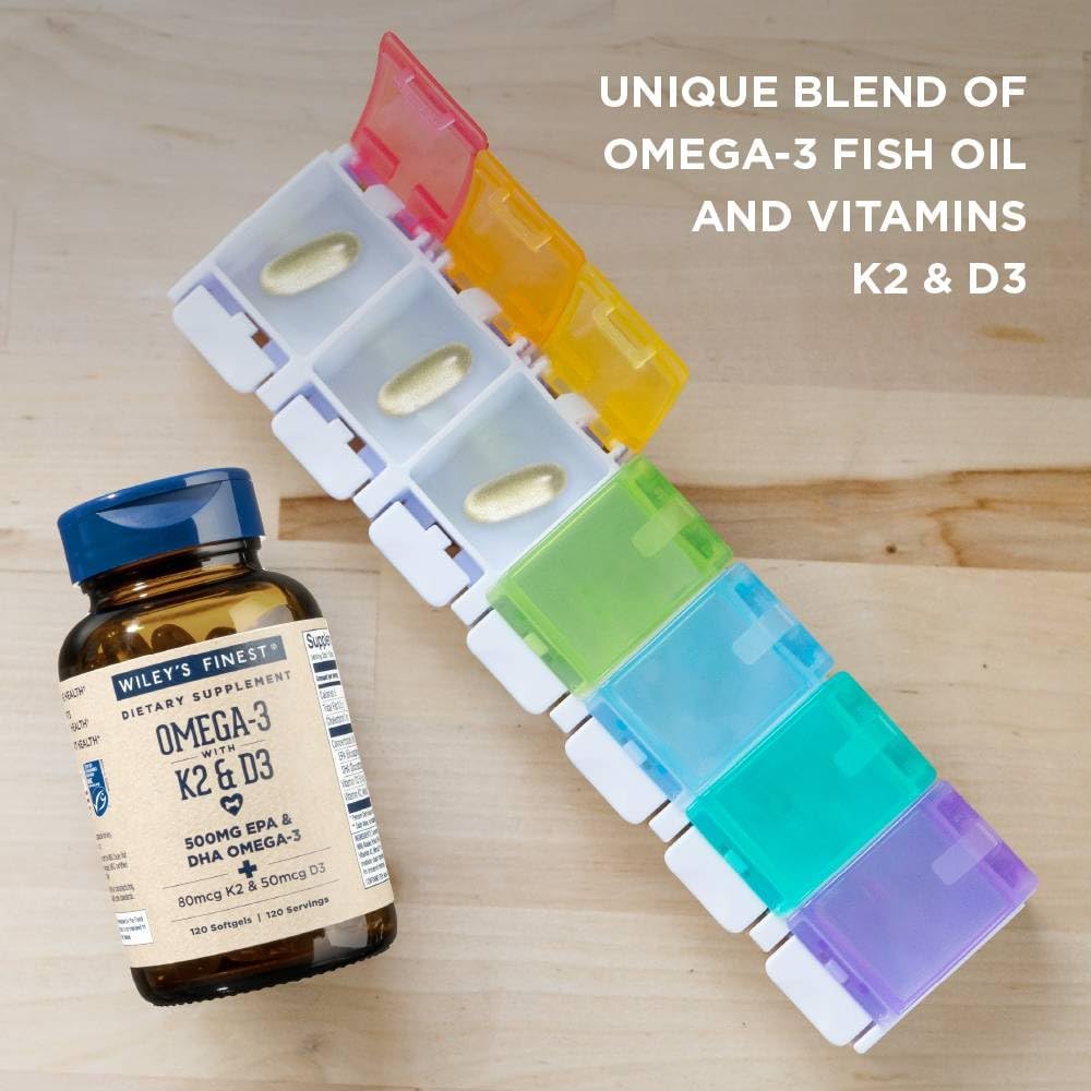 Wiley's Finest Wild Alaskan Fish Oil Vitamin K2 & D3 Softgels - 500mg of EPA and DHA Omega-3s for Bone and Heart Health Support - 120 Softgels (120 Servings)