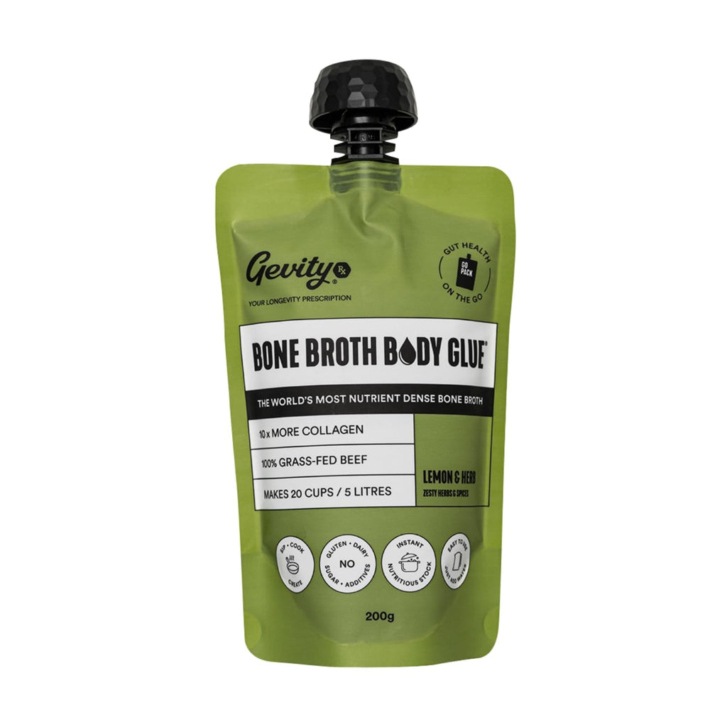 Gevity Rx Bone Broth Body Glue- LEMON & HERB, Go Pouch, Bone Broth Concentrate, 10x more collagen*, The Most Nutrient Dense, Sip-Cook- Create, 100% Grass Fed Beef, 20 servings|5 Litres, 7.05 Ounce