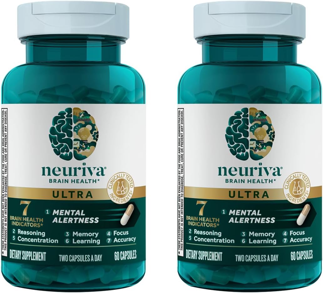 NEURIVA Ultra Brain Supplement for Mental Alertness, Memory, Focus & Concentration with Clinically Tested Cognivive, Neurofactor, Phosphatidylserine, Vitamins B6 & B12, 60 Count Capsules (2 Pack)