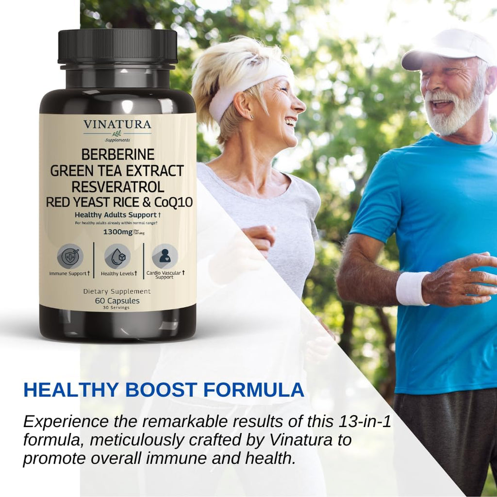 Berberine HCL & Ceylon Cinnamon - Red Yeast Rice & CoQ10 1300mg per Serving *USA Made & Tested* Healthy Levels with Green Tea Extract, Resveratrol, Magnesium, Glycinate, Chromium Picolinate
