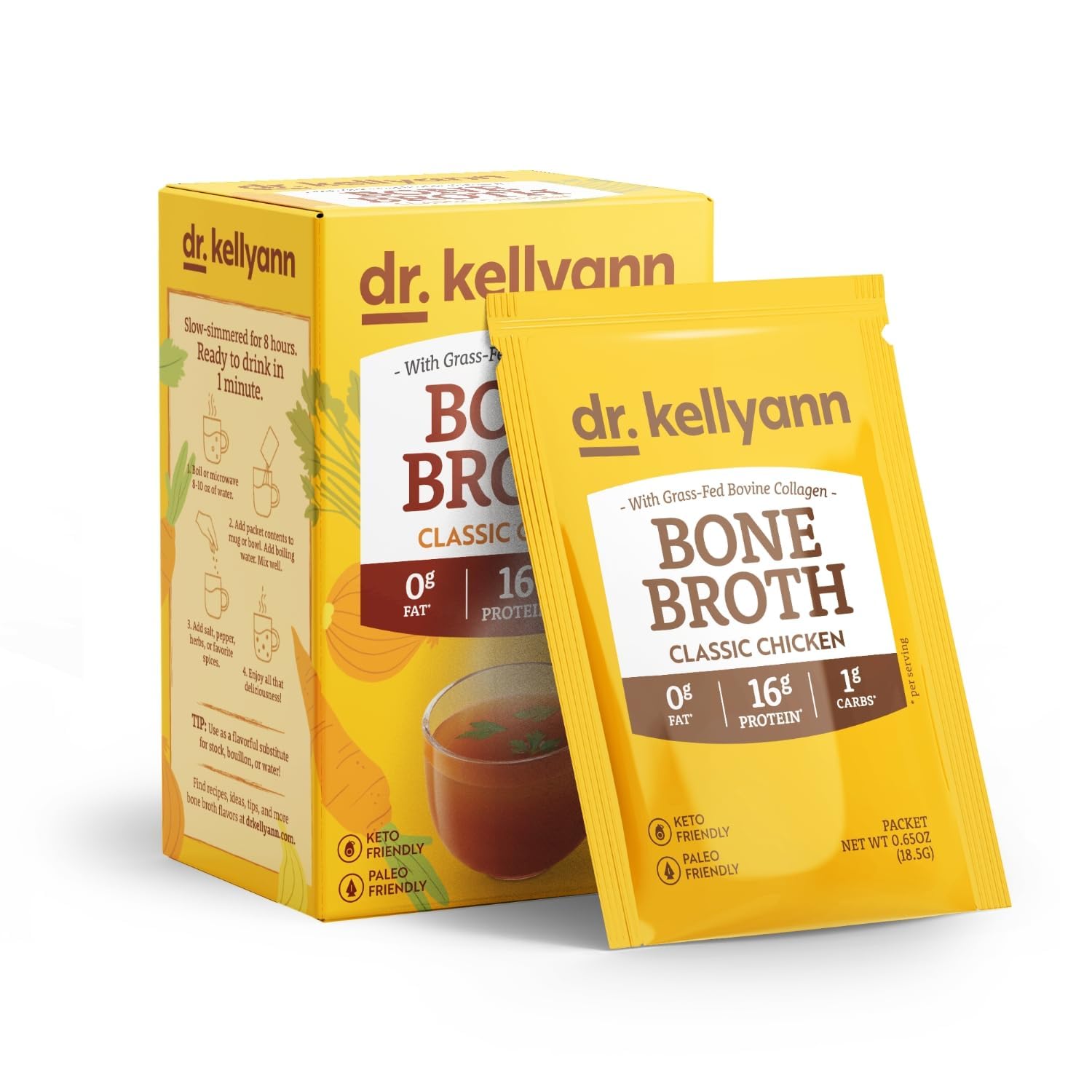 Dr. Kellyann Bone Broth Collagen Powder Packets (7 Servings) – 16g Protein, Grass-Fed Hydrolyzed Collagen, Keto & Paleo-Friendly