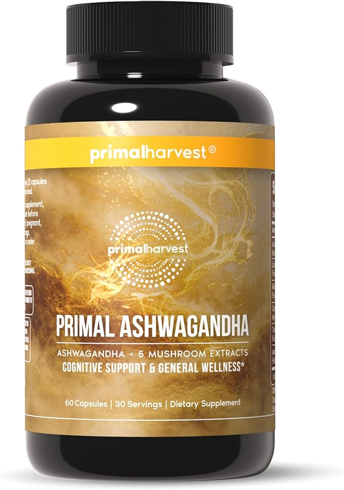 Primal Harvest Ashwagandha Supplement with 5 Mushroom Extracts: Lion’s Mane, Reishi, Cordyceps, Turkey Tail & Maitake for Immune Support & Cognitive Health
