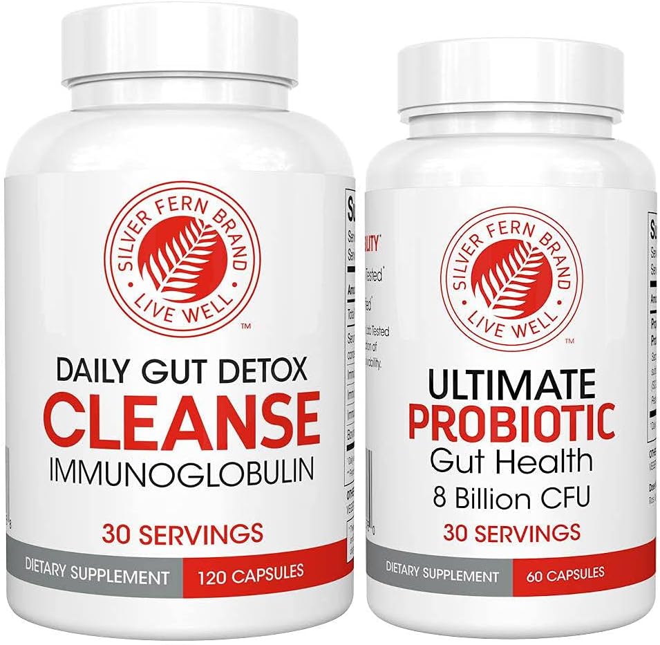 Silver Fern Gut Rehab Kit - 30 Day Supply - Cleanse Daily (1 Bottle = 120 Capsules) & Ultimate Probiotic (1 Bottle = 60 Capsules) - Immunoglobulins & Spore Forming Probiotics