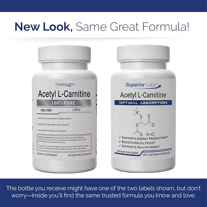 Superior Labs Acetyl L-Carnitine 500 mg, High Potency ALCAR, Pure Non-GMO, Zero Synthetic Additives, Maximum Absorption, Energy & Fat Metabolism, Brain, Nerve & Cellular Detox Support, (60 Veg Caps)