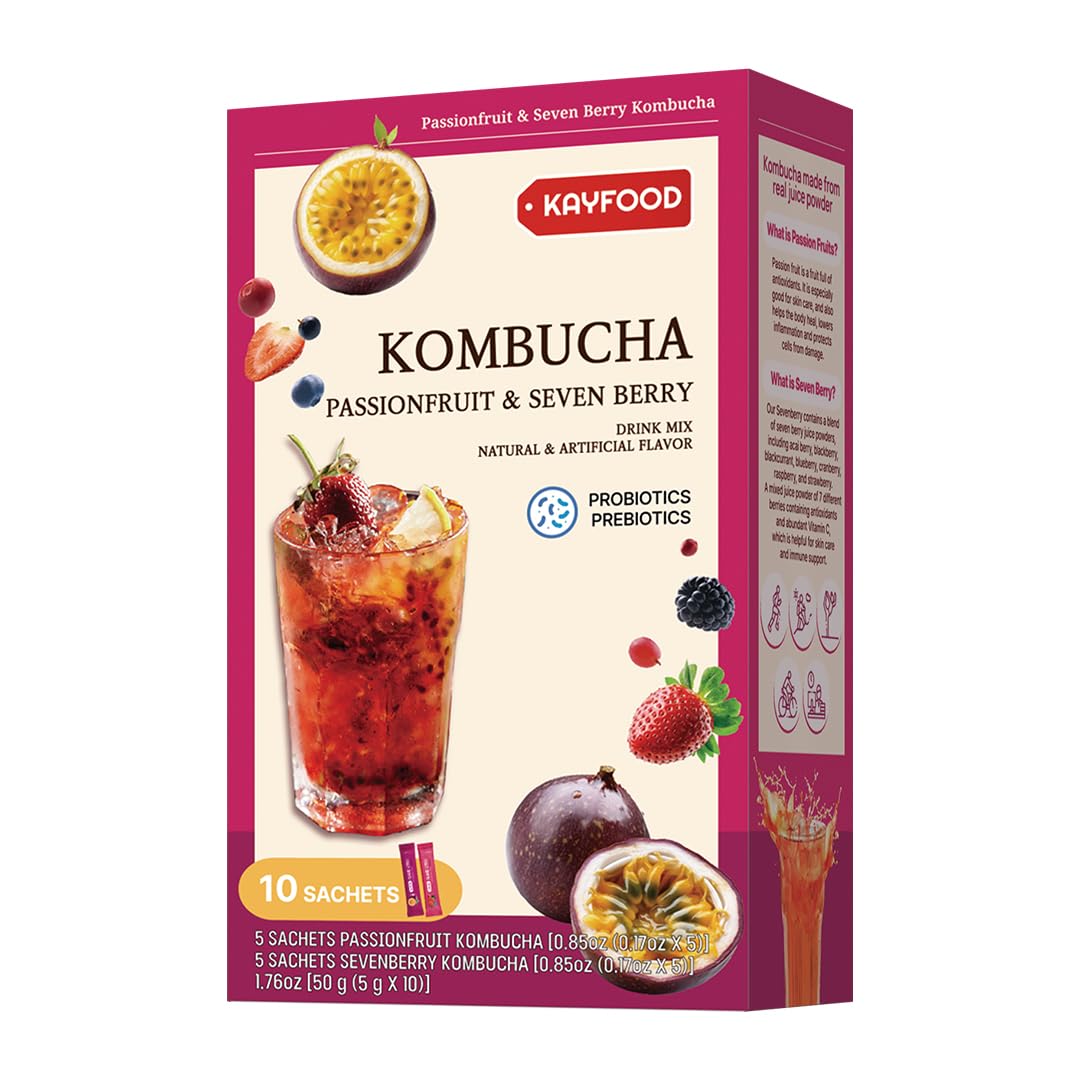 KAYFOOD-Kombucha-Peach-Garden-Daily Zero Sugar, Diet, Gut Healthy Sparkling Beverage, Fermented Korean Drinks for Iced, Hot, Workout Tea (10ST) (10ST, Passion Fruit&berry)
