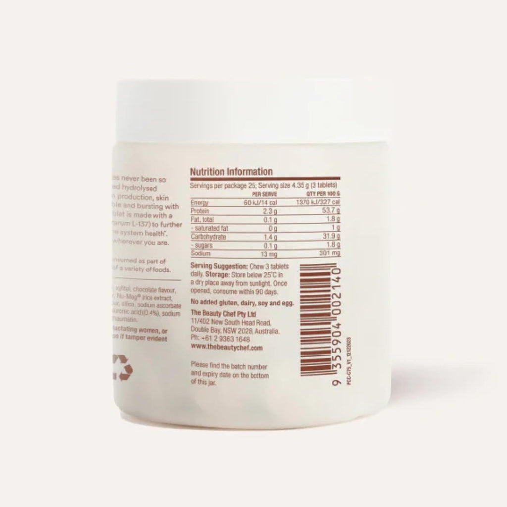 The Beauty Chef Plumpers™ Collagen Chewable Tablets with Hyaluronic Acid & Postbiotic, Supports Skin Elasticity & Collagen, Women's Multivitamin, Collagen Peptides, 75 Tablets (Chocolate)