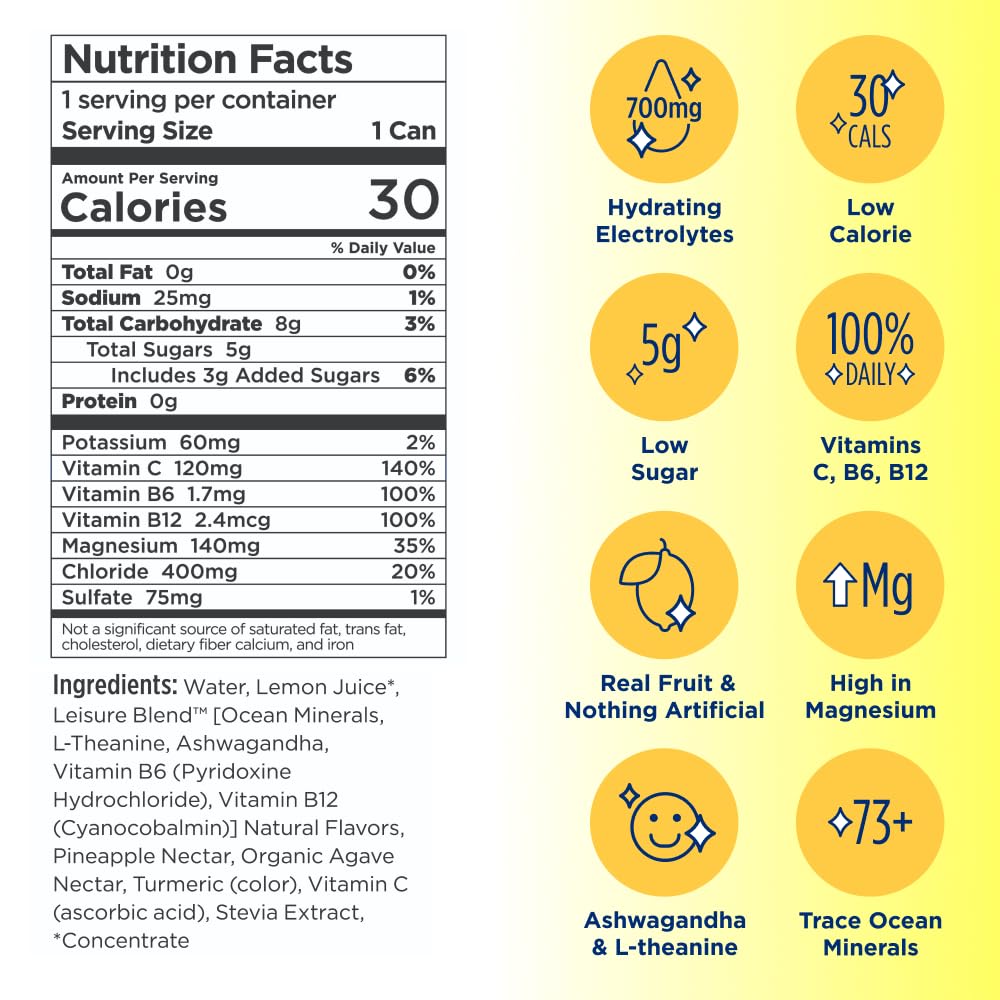 Leisure Hydration Non-Carbonated Electrolyte Refresher, Variety Pack - Low Sugar Nutrient Enhanced Water Beverage - Get The Best Hydration Packed w/ Magnesium & Ashwagandha For Mood & Stress Support, Non-GMO, 16 oz (12-Cans)