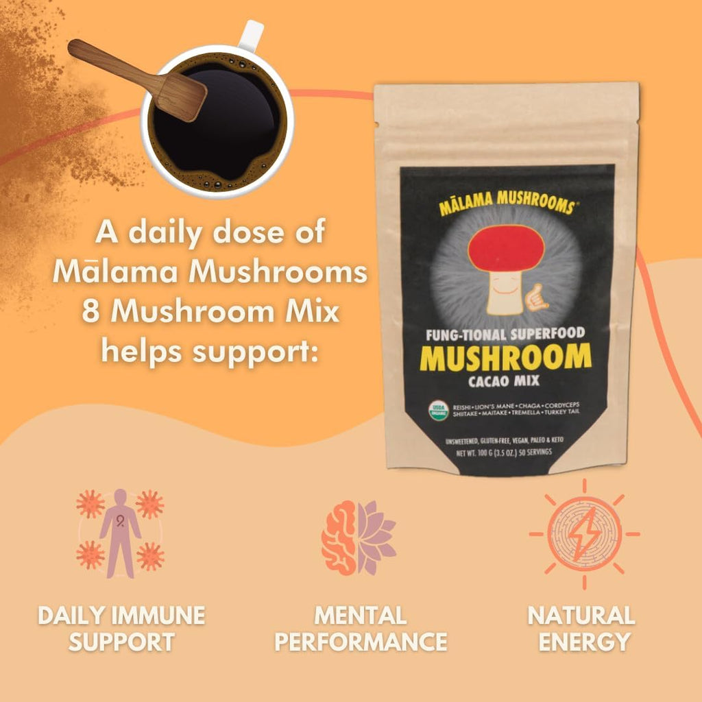 Malama 8-Mushroom Hot Cacao Mix, Organic Chocolate Blend Mushroom Powder for Focus & Inmune Support – with Lion's Mane, Reishi, Chaga, Turkey Tail – Vegan Supplement, 3.5 oz (50 Servings)