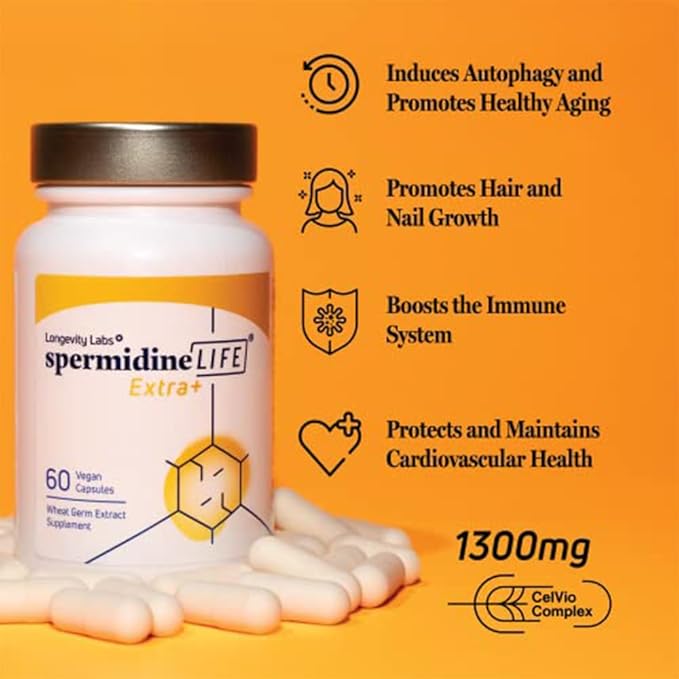 Longevity Labs+ spermidineLIFE Extra+ Natural Supplement, Non-Synthetic Plant-Based Wheat Germ Extract with High Spermidine & Zinc for Cell Renewal, Vegan, for Women & Men, 60 Capsules