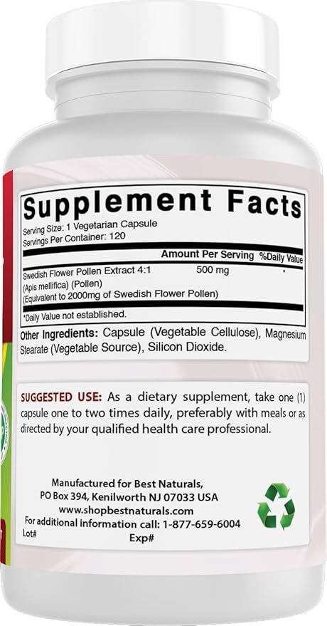 Best Naturals Swedish Flower Pollen 4:1 Extract 500 mg - 120 Capsules