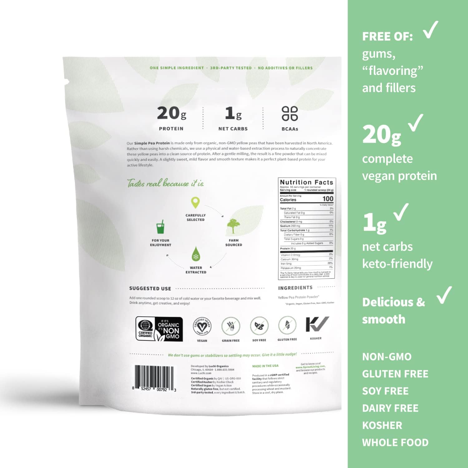 Sprout Living Organic Pea Protein Powder, Unflavored, 20 Grams of Plant Based Organic Protein Powder Without Artificial Sweeteners, Non Dairy, Non-GMO, Vegan, Gluten Free (5 Pound, 95 Servings)