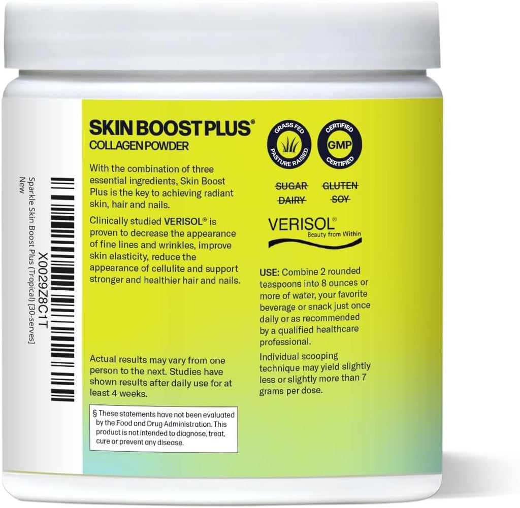 Sparkle Wellness Skin Boost Plus (Tropical) [30-Serves] | Collagen Powder Supplement with VERISOL Bioactive Hydrolyzed Collagen Peptides, Vitamin C & Hyaluronic Acid