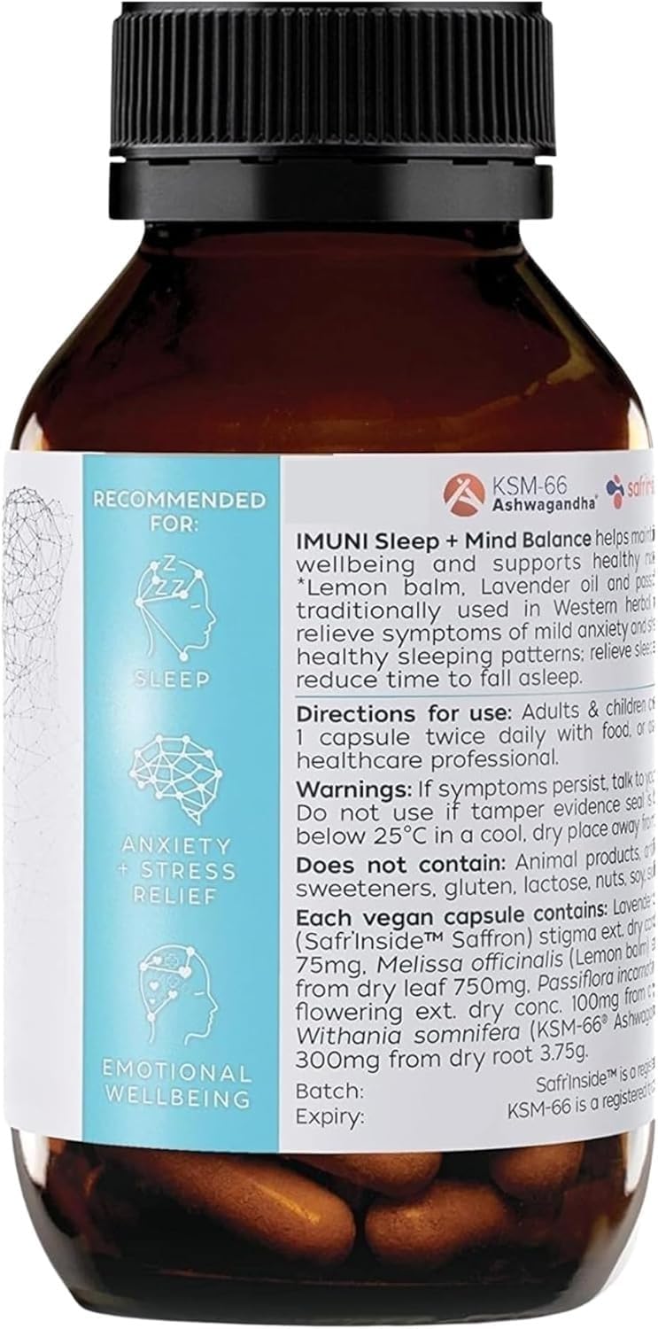 IMUNI Sleep + Mind Balance – Natural Sleep Aid & Stress Relief Supplement with Ashwagandha KSM-66®, Saffron, Lavender, Lemon Balm & Passionflower – Vegan, Non-GMO, 60 Caps
