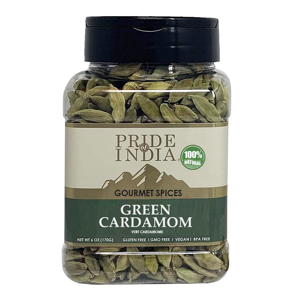 Pride of India - PACK of 6 - Green Cardamom Whole – Gourmet & Aromatic Spice – Flavoring agent for bakes/teas/drinks & more – Full Bodied Green Pods – 6 oz. Medium Dual Sifter Jar