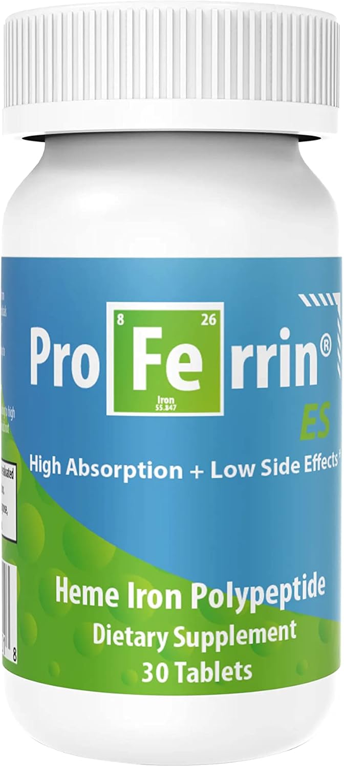 Proferrin ES- 10.5mg of high Absorbing Heme Iron Polypeptide. Made in The USA. 30 Tablets. Easy on The Gut. Not affected by Coffee, Calcium, or PPI's.