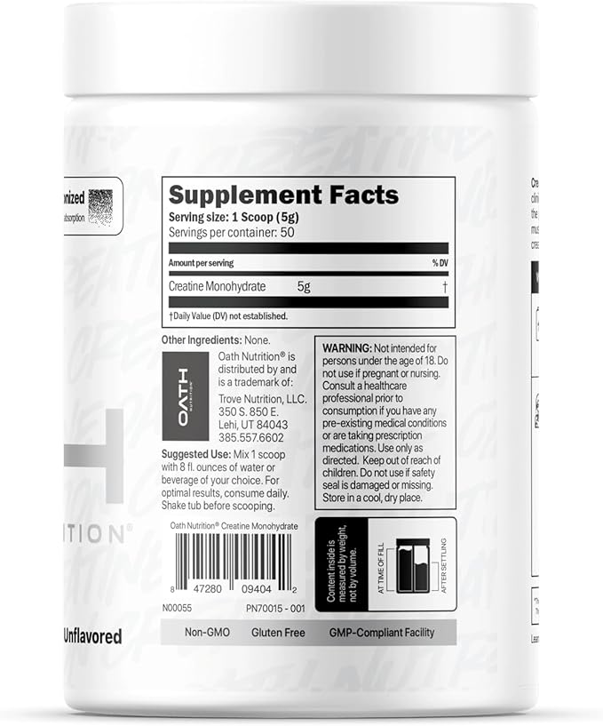Oath Nutrition Ultra Micronized Creatine Monohydrate Powder, Unflavored, Gluten Free, Non GMO, Creatine Powder for Women and Men, 5,000g per Serving, 50 Servings